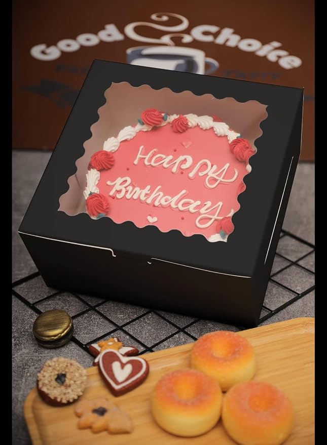 Bakepacker 36pcs 8x8x5 Inches Cake Boxes with Window 18-Packs Black 8 Inch Bakery Boxes (18 Cake Boxes +18 Cake Boards Included)