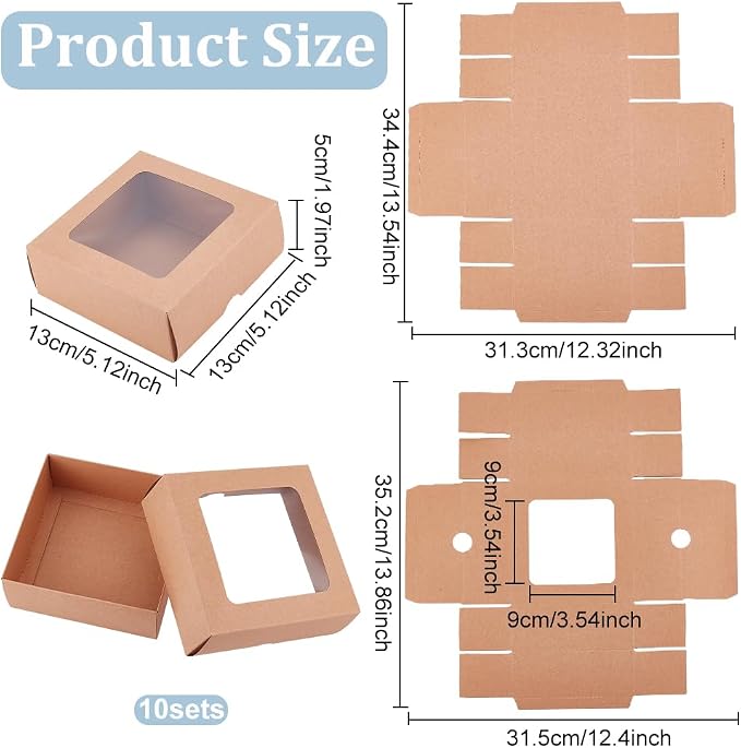 BENECREAT 10PCS Brown Kraft Paper Box with Clear Window, 5.12x5.12x1.97inch Square Kraft Paper Gift Box for Wedding Party Gifts, Festival Jewelry Packaging, Candy Storage