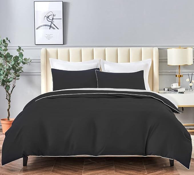 DAUAOTO Twin/Twin XL Bedding Set - 1 Duvet Cover + 1 Pillow Sham, Black with Decorative White Piping, Dorm Microfiber Bedding