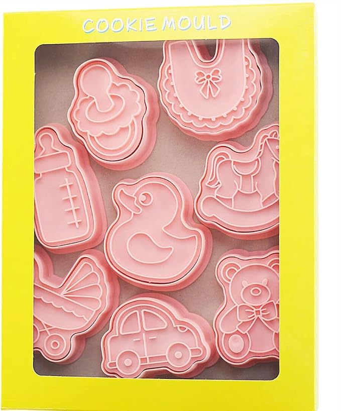 8 Pieces Cute Baby Shower Cookie Cutters Plastic Newborn party Cookie Stamps Cookie Mould Press Babies Shower Cookie Mould Set Baking Kitchen Tools