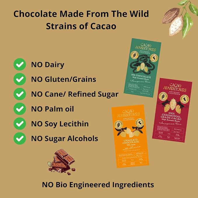 Cacao Adventures "The Collection" | Premium Chocolate Bars | 3 Flavors Sample Pack | Gift Set & Cacao Tasting Experience | 1.76 oz each (Pack of 3)