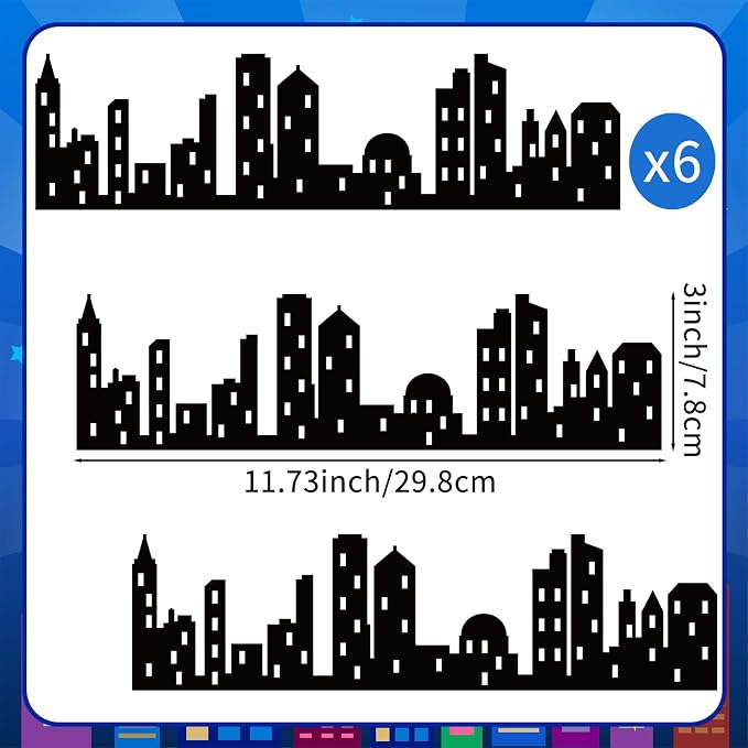 6Pcs City Cake Border Decoration Black City Building Birthday Cake Decoration Toppers Stick On or Lay On Toppers Birthday Decor Accessories for Party Lighted City Backdrop