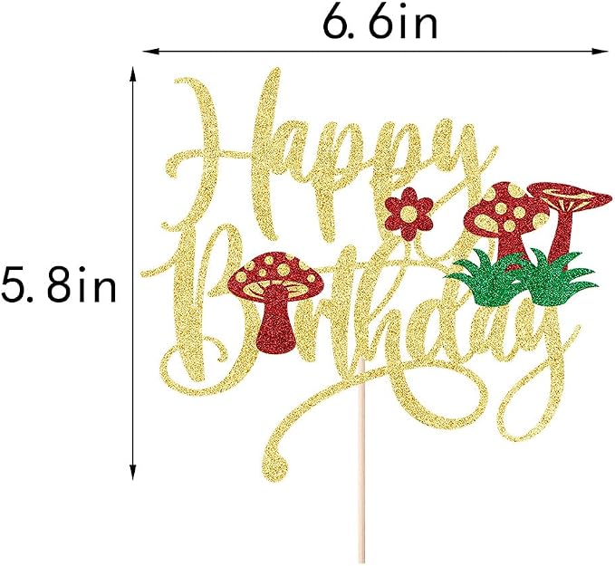 Mushroom Cake Topper- Glitter Mushroom Birthday Cake Toppers,Mushrooms and flowers in spring,Baby Shower Boy Girl Birthday Party Decoration Supplies