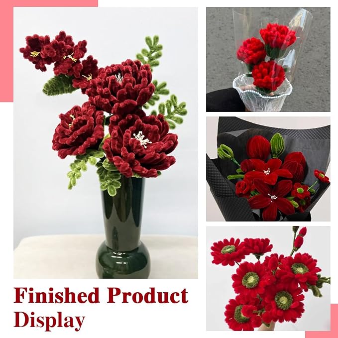 AHAMETON 620Pcs Pulm Red Pipe Cleaner Flower Kit, 6 Colors Bulk Pipe Cleaners Craft Supplies with Wires, Stamens, Ribbon, Tape, Card, DIY Flower Making for Gifts Home Decoration, Party & School Crafts