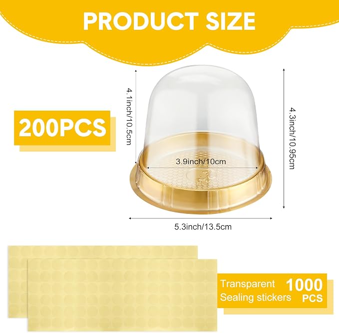Mimorou Individual Cupcake Boxes Clear Plastic Cupcake Containers Disposable Single Holder with Lid Tall Cake Carrier 5.3 Inch Diameter 4.3 Inch Height with Stickers for Wedding(Gold,200 Pcs)