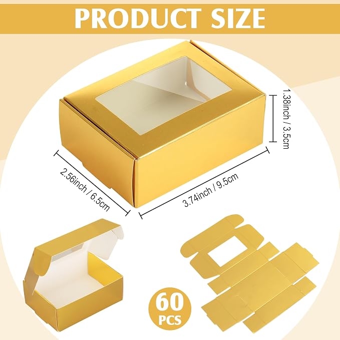 Zonon 60 Pcs Soap Boxes for Homemade Packaging, Mini Kraft Boxes with Window for Bakery Candy Soap Making Gift Packaging, 3.7x2.6x1.4 Inch (Light Gold)