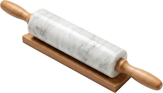 White Marble Rolling Pin for Baking 10inch Barrel，Dough Roller | With Wooden Handles & Wood Cradle, Non-Stick Dough Roller for Pizza, Pasta, Fondant, Pie Crust, Pastry & Cookies