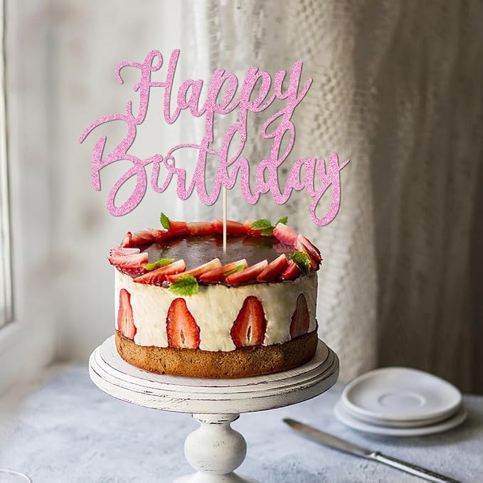 Handmade Glitter happy birthday Cake Topper, Happy Birthday Cake Bunting Decor,Birthday Party Decoration Supplies (pink)