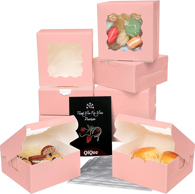 Bakepacker 100pcs Pink Bakery Boxes with Window 6x6x3 inches Thick & Sturdy Macaroon Pastry Boxes Cookie Boxes for Bakerys
