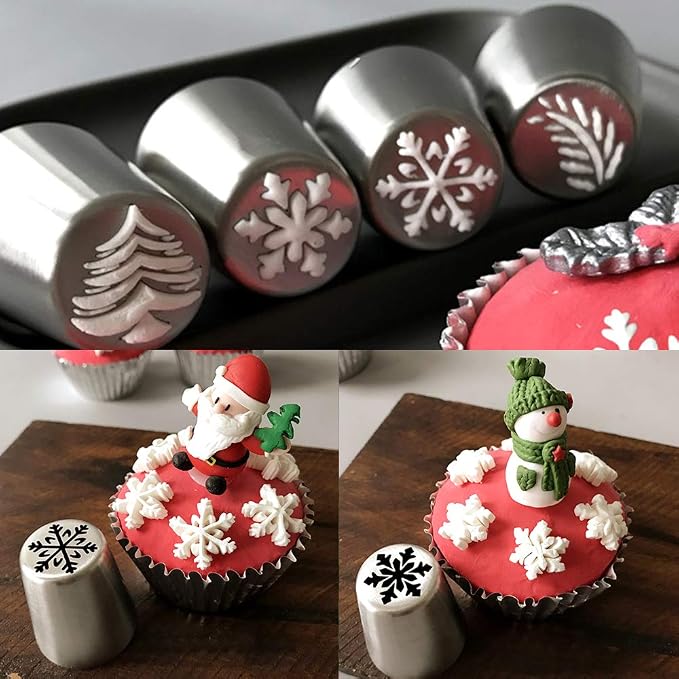 5 PCS Christmas Pastry Icing Piping Nozzles,Special Stainless Steel Russian Piping Tips Set,Cake Decorating Tools(1 Christmas Tree,2 Snowflake 1 Leaf Tips and 1 Single Color Coupler)