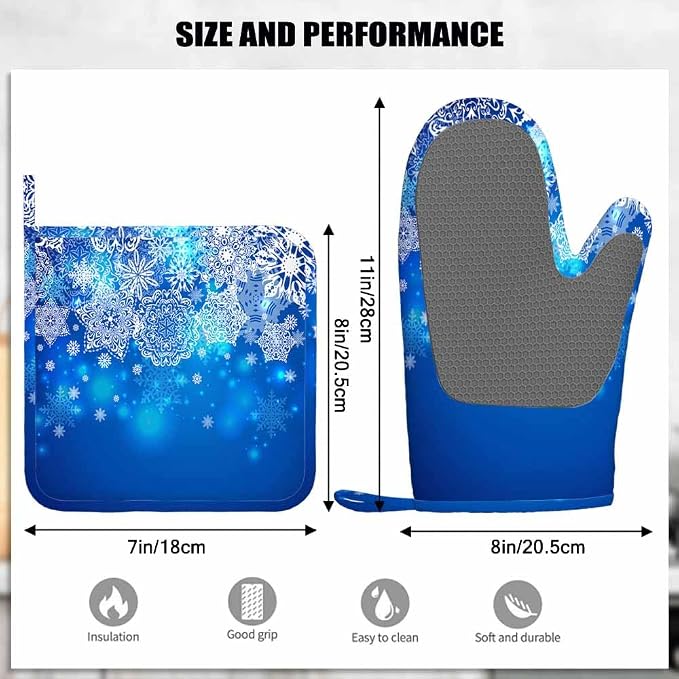 Mxocom Snowflake Oven Mitts and Pot Holders Sets Blue and White Background Silicone Heat Resistant Kitchen Oven Gloves Pot Holder for Cooking