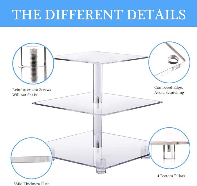YestBuy 3 Tier Square Cupcake Stand - Premium Cupcake Holder - Acrylic Cupcake Tower Display - Cady Bar Party Décor + LED Light String - Ideal for Weddings, Birthday Parties( Blue Light)