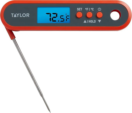 Taylor Digital Waterproof Meat Thermometer for GLP-1 High Protein Meal Prep – Folding Probe for Chicken, Salmon, Steak – Programmable Presets, Backlit Display for Oven, Grill, Orange