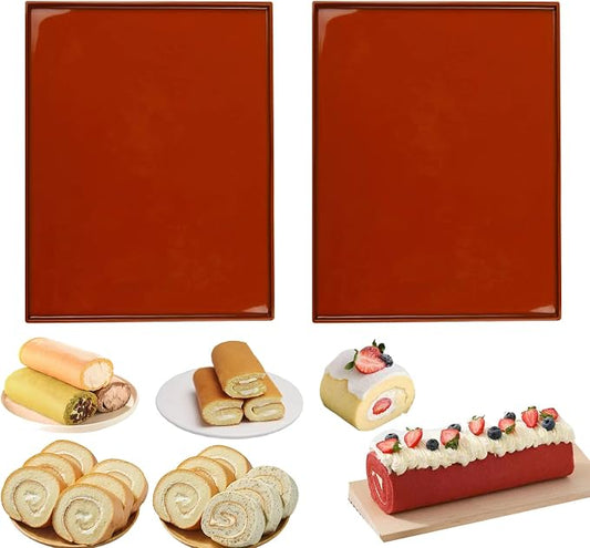 Silicone Swiss Roll Cake Mat - 2Pcs Silicone Baking Mat, Jelly Roll Pan, Non-Stick Silicone Mat with Lip, Easy to Clean Silicone Pastry Mat, Great for Swiss Roll, Pastry, Jelly, Cookies (Brown)