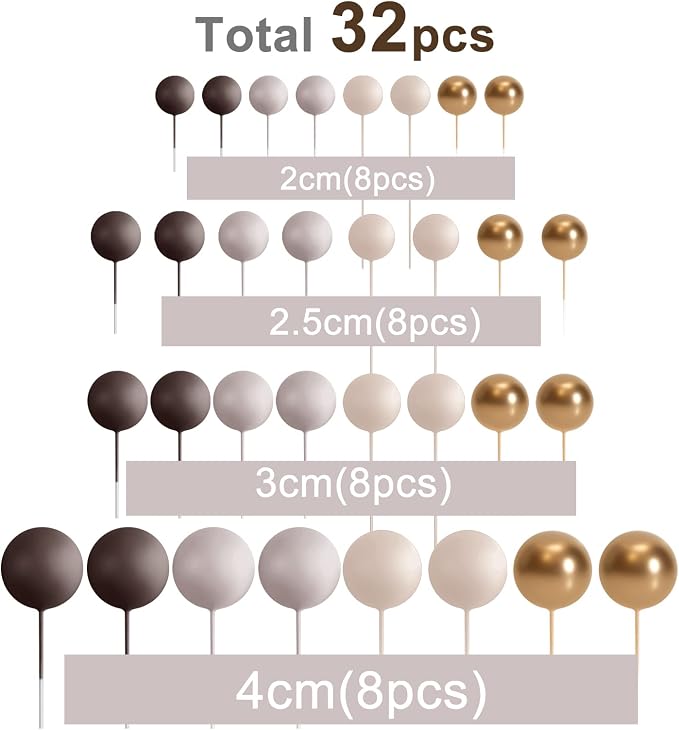 ASTARON 32 Pcs Ball Cake Topper Decorations Mini Balloons Cake Topper Sticks Foam Balls Cake Picks Cake Topper Balls Cake Decorations for Wedding Party Birthday Cake Decorating (Brown Gold)