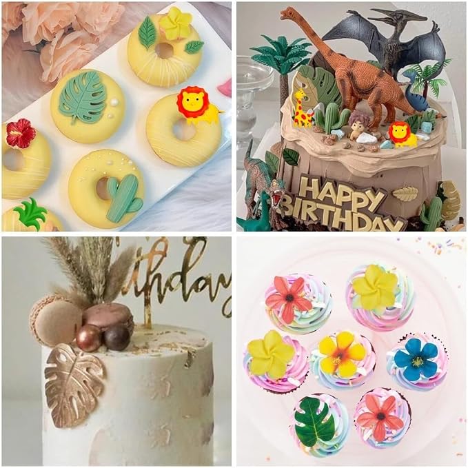 Tropical Flower Leaf Silicone Mold, 4 Pcs Hibiscus Plumeria Flower Cactus Fondant Molds Tropical Palm Leaves Chocolate Molds for Candy Cake Decoration Cupcake Topper Gum Paste Polymer Clay