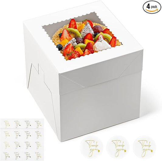 ZORRITA 4 Pack Cake Boxes, 8 x 8 x 8 Inches Tall Bakery Box with Window and Stickers, Disposable Cake Containers for Wedding, Birthday, Party