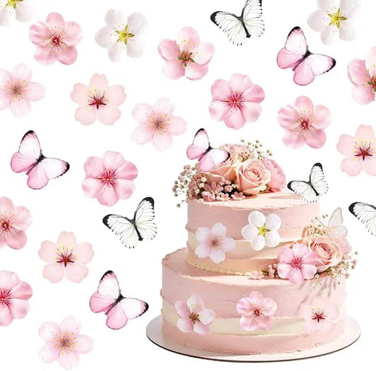 72 PCS Edible Cherry Blossoms Butterfly Cupcake Toppers Wafer Paper Flowers Cake Decorations Ideal for Baby Shower Kids Birthday Party Decorations Edible Flowers Cake Decorations for Celebrations