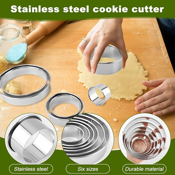 6-Piece Stainless Steel Cookie Cutter Set with 2 Plastic Scrapers, Round Cookie Cutter Biscuit Cutter, Baking Molds for Cookies, Cakes, Doughnuts (2, 3, 3.5, 4, 5, 6 Inch(COLOR:Silver)