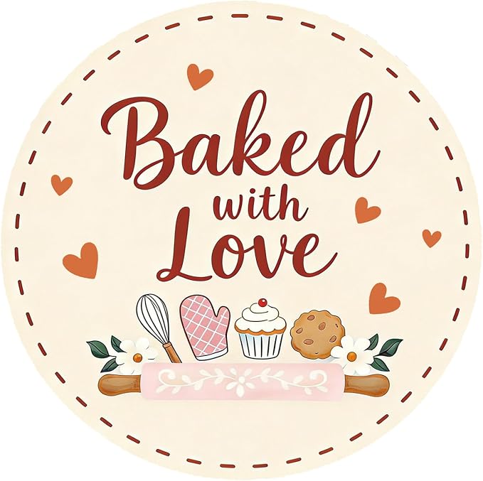 Baked with Love Stickers 120PCS 1.6 Inch Round Baking Labels for Cookies Cupcakes Dessert Table Treat Bags Gift Wrapping Birthday Party Candy Bags Homemade Packaging Small Business (Yellow)