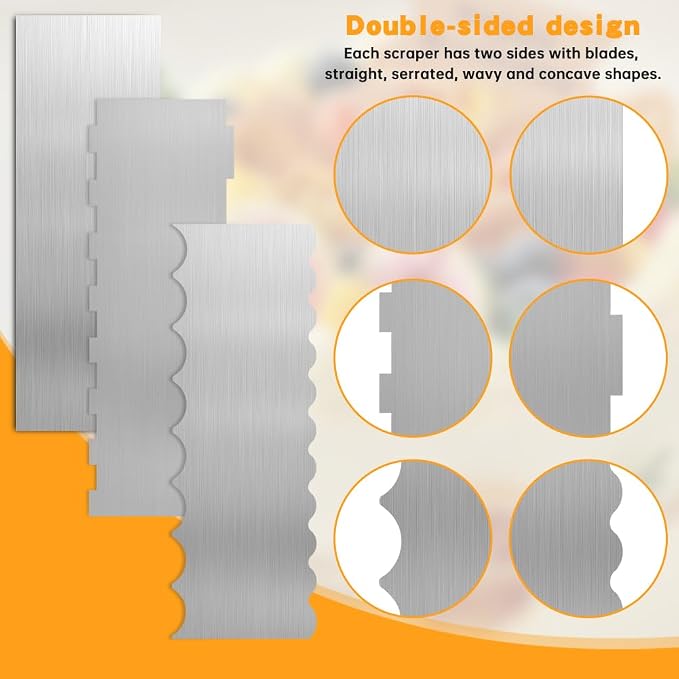 6PCS Stainless Steel Cake Scraper,Cake Decorating Comb Large Double Sided Patterned Edge Stripe Edge Cake Smoother Frosting Scraper for Mousse Butter Cream Decora(silver,Size:8.66inch/22cm)