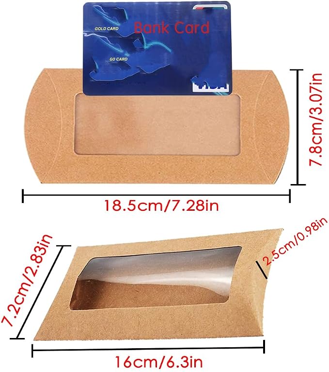 30pcs Kraft Paper Mini Pillow Packaging Box with Clear Window, Box Treat Gift Packaging Box for Bakery Candy Chocolate Jewelry Display Wedding Party Favor ( medium-sized, 6.3 x 2.83 x 0.98 inches)