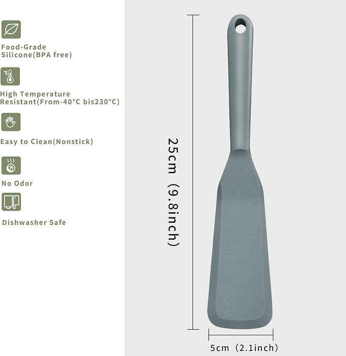 Dioycli Silicone Spatulas for Cooking Heat Resistant Pancake Spatula, Non Stick Long Omelette Spatula Turner Bpa Free 2 Pieces for Crepes Egg Burgers Pizza Cookie (Grey)