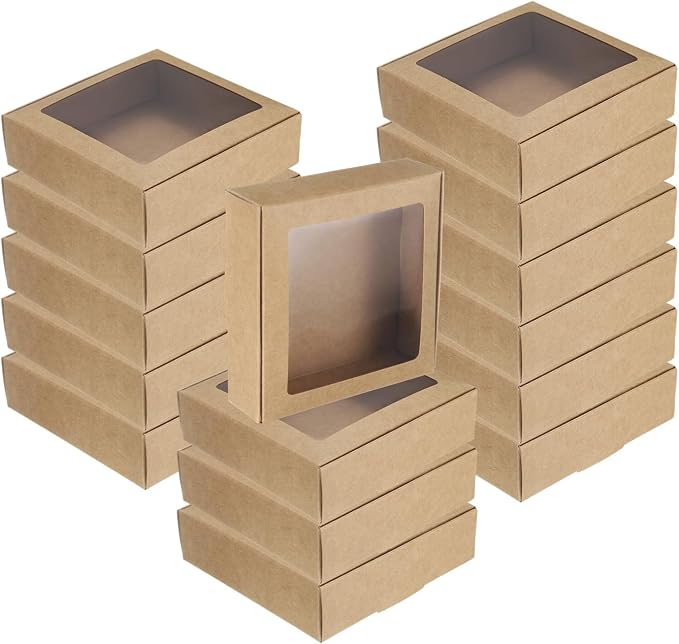 uxcell 20Pcs Kraft Soap Boxes, 4.1 x 4.1 x 1.2Inch Mini Kraft Treat Box with Clear Window for Candy Cookie Gift Party Festival Favor Treats Packaging (Brown)