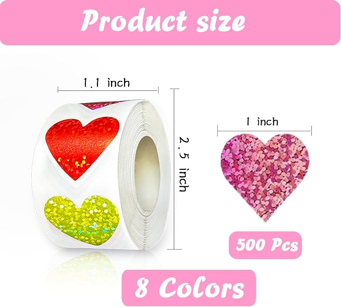Glitter Heart Stickers, Valentines Day Love Sticker1-inch for Children's Rewards- 500 per Roll, Suitable for Envelopes, Birthdays, Classroom Teacher Supplies