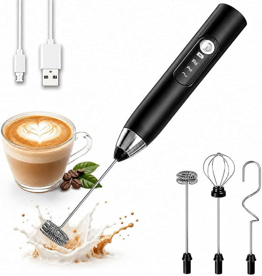 Black Handheld Milk Frother Wand for Coffee, Electric Whisk 3 Speed, 3-in-1 Rechargeable Drink Mixer with Stainless 3 Whisks, Coffee Frother For Latte, Cappuccino, Hot Chocolate, Egg