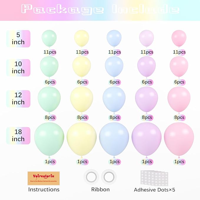 Voircoloria 130pcs Pastel Balloons Different Sizes 18" 12" 10" 5" Macaron Latex Balloon Garland Arch Kit for Birthday Easter Baby Shower Graduation Wedding Gender Reveal Anniversary Party Decorations