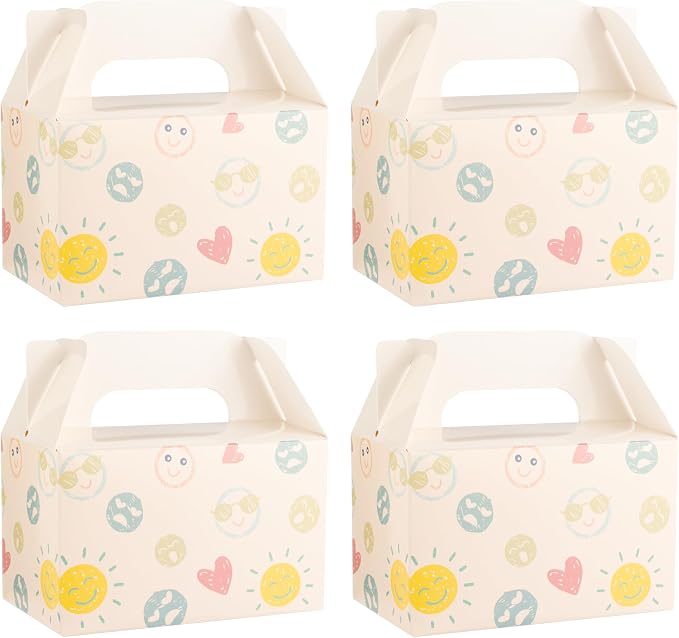 10 PCS White Gable Favor Treat Boxes, 6.5 x 4 x 4 Inches Gift Box with Handle, Cute Goodie Boxes for Sweets, Candy, Cookie, Kids Birthday Party, Baby Shower, Wedding, Back to School, Smile Face