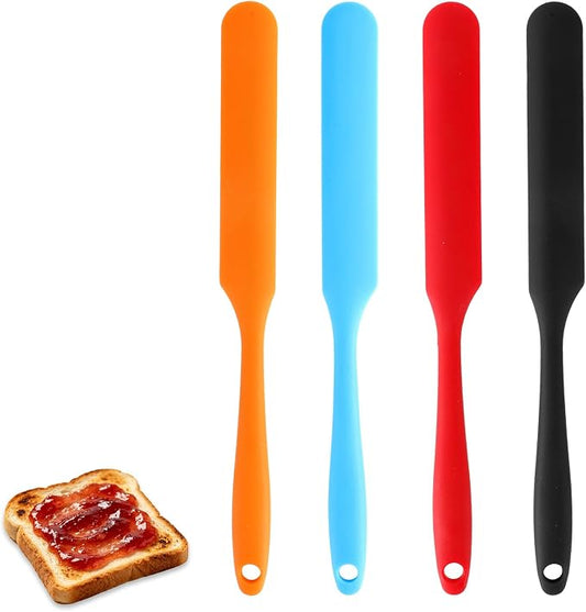 4 Pcs Silicone Jar Spatula, Long Handle Skinny Spatula Scraper for Jars & Bottles, Heat Resistant Small Spatulas Set for Kitchen Baking Sourdough Cake Makeup Essentials, Red+Black+Orange+Blue