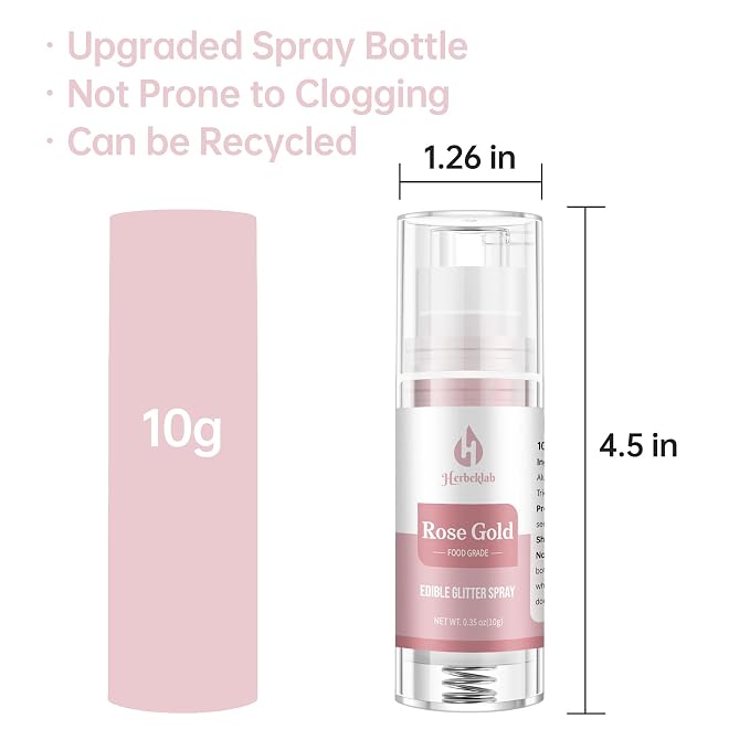 Rose Gold Edible Glitter Spray – Herbeklab 10g Food Grade Edible Shimmer Spray for Cakes, Cookies, Chocolate, Strawberries, Drinks and Cocktails– Upgraded Bottle Design
