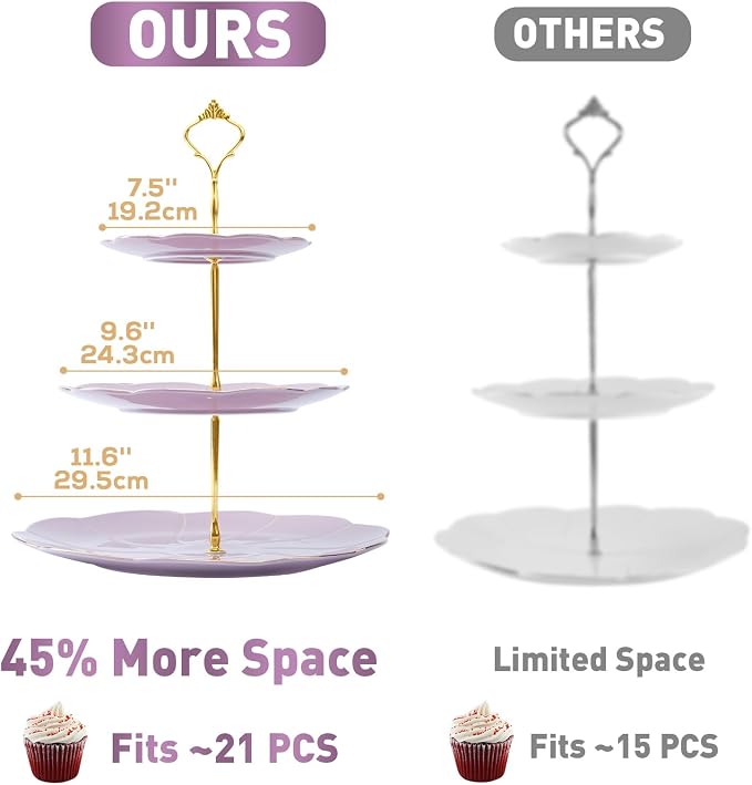 DUJUST Luxury Larger 3-Tier Cupcake Stand Tower, British Style Porcelain Serving Tray with Golden Trim, Food Grade Dessert Display Stand for Tea Party & Home Décor - 45% Purple Larger Plates