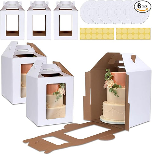 KintKita Tall Cake Boxes 12x12x14 IN,6 Pack Tier Cake Carrier with Cake Boards,Disposable Tiered Cake Carrier with 4 windows for Wedding,Birthday,Party,Bakery Supplies