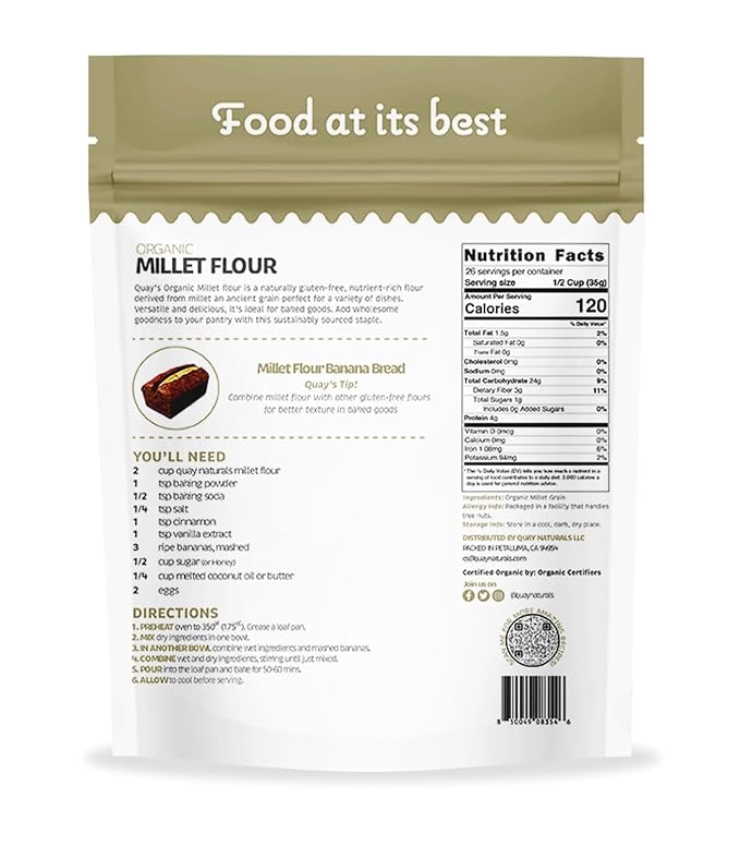 Quay Naturals Organic Millet Flour 2lb | USA-Grown & Milled | Stone-Ground, Gluten-Free, Non-GMO | Vegan, Paleo, High Fiber