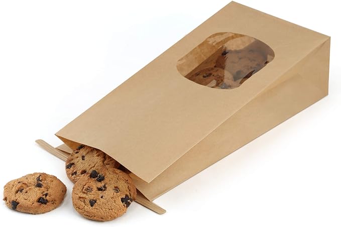 BagDream Bakery Bags with Window 50Pcs 4.5x2.36x9.6 Inches Kraft Brown Paper Bags with Window, Tin Tie Tab Lock, for Bakery, Cookie, Coffee Bean, Party Favor, Snack