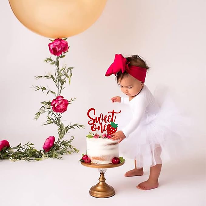 1 PCS Strawberry 1st Birthday Cake Topper Glitter Sweet One First Birthday Strawberry Cake Pick Decoration for Sweet Fruit Theme Baby Shower Kids Birthday Party Supplies Red