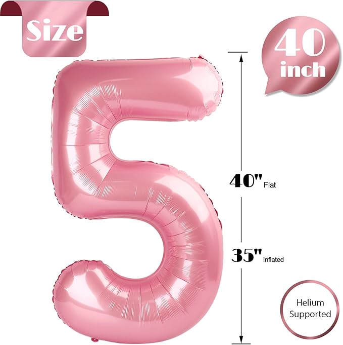 Pearlescent Pink 5 Balloon, Number Balloons 40 Inch, 5th Birthday Balloon Decorations, Pastel Pink Party Supplies, 5 Number Balloons, Number 5 Balloon