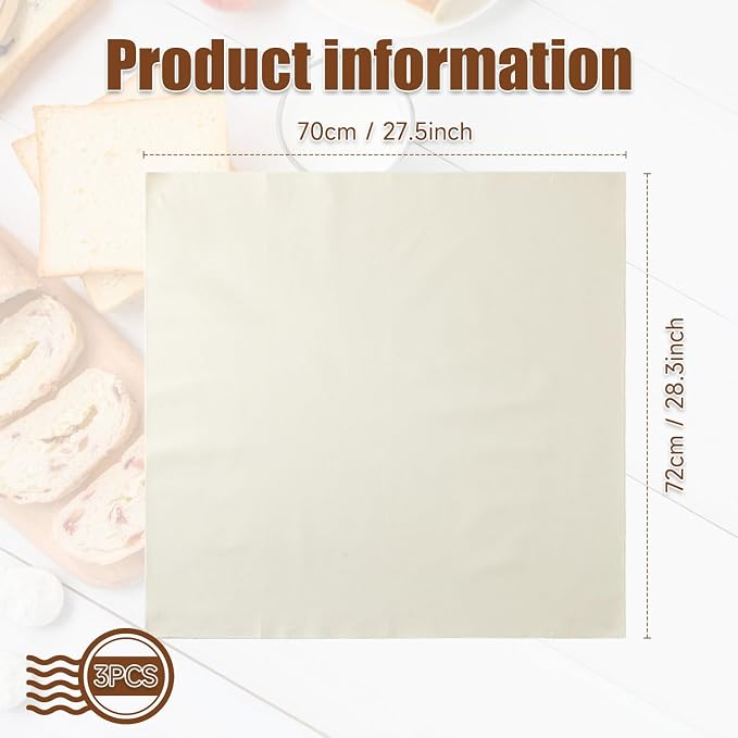 3 Pcs Thickened Bread Proofing Cloth for Baking Sourdough,28x28inch Bread Basket Flour Sack Towels for Dough, Baguettes, Loaves, Pastry, Homemade Bread