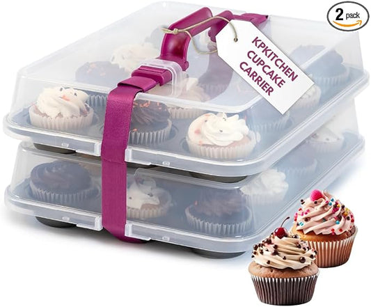 KPKitchen Cupcake Carrier for 24 Cupcakes - Innovative Cupcake Holder includes 2 Cupcake Pans with Lid and Handle - Cupcake Travel Container Carries 12 or 24 Standard-Size Cupcakes for Storage Safely
