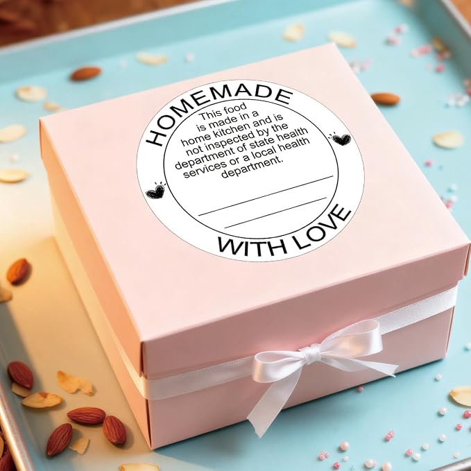 500 Pcs Cottage Food Law Homemade with Love Stickers 2 inch Home Kitchen Inspection Statement Labels Made in Home Kitchen Canning Jar Stickers of Personalized Baking (White)