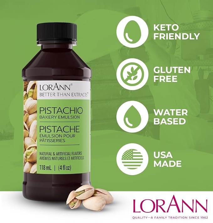 Lorann Oils Pistachio Bakery Emulsion: Genuine Pistachio Aroma, Perfect for Boosting Nutty Notes in Baked Goods, Gluten-Free, Keto-Friendly, Pistachio Extract Substitute Essential for Your Kitchen
