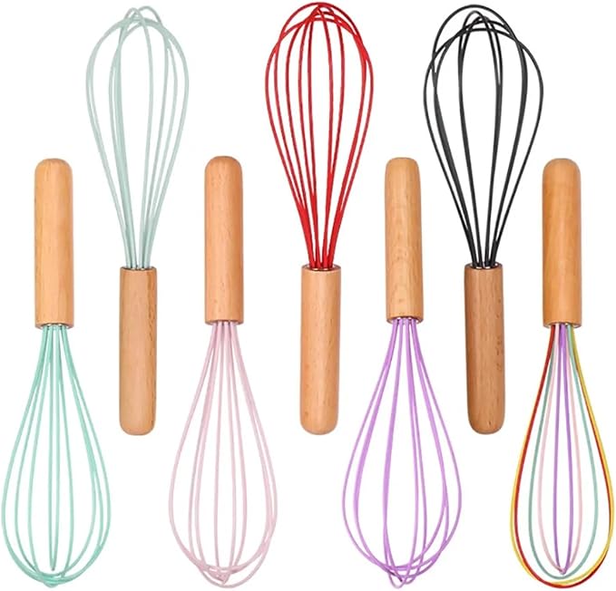Silicone Egg Beater Manual Coil Whisk with Wooden Handle Cream Mixer Kitchen Baking Tool(Red)