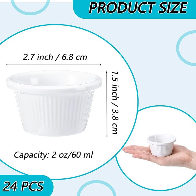 24 Pcs Ramekins 2 oz Ceramic Ice Cream Cups Oven Safe Ramekin Sauce Creme Brulee Fluted Tiny White Melamine Dipping Bowl Custard Condiment Charcuterie Bowls Round Tart Pan for Kitchen