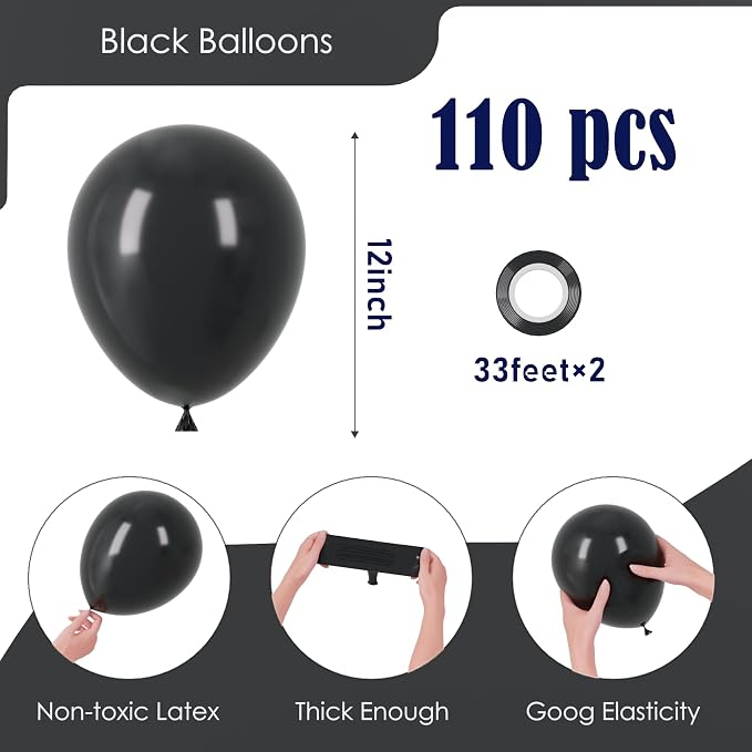 Voircoloria 110pcs Black Balloons 12inch Matte Black Latex Party Balloons for Graduation, Wedding, Birthday, New Year, Baby Shower, Anniversary, Holiday Party Decorations