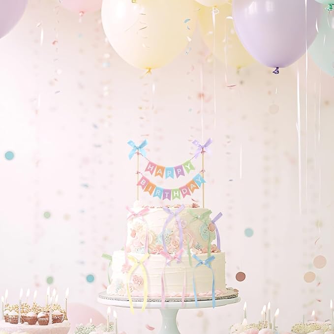 Honeydak 11 Pcs Pastel Bow Ribbon Cake Topper Happy Birthday Cake Bunting Topper with Wood Pole Handmade Pennant Flags with Bows Ribbon for Birthday, Bridal Party Decoration