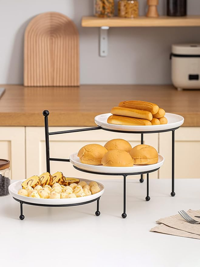 Kanwone 3 Tiered Serving Stand with White Porcelain Plates, 10" Round Tray, Dessert Table Display Set, Black Metal Stand, Versatile & Durable