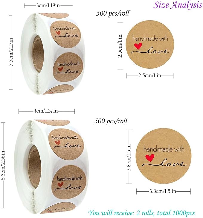 1000 Pcs Handmade with Love Stickers Canning Labels 1.5" 1" Round Self-Adhesive Tags for Jar Containers Packaging Cookie Bags Small Business Handcraft Gift